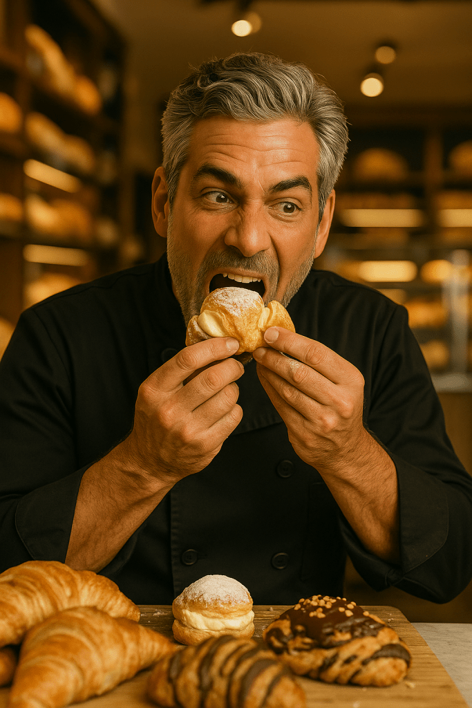 A middle-aged male chef with salt-and-pepper hair and a neatly trimmed beard, dressed in a black chef jacket, sits in a warm, rustic bakery surrounded by pastries. He is hungrily biting into a cream-filled pastry with a playful, exaggerated expression, while croissants and other baked goods are spread out on the wooden counter in front of him.