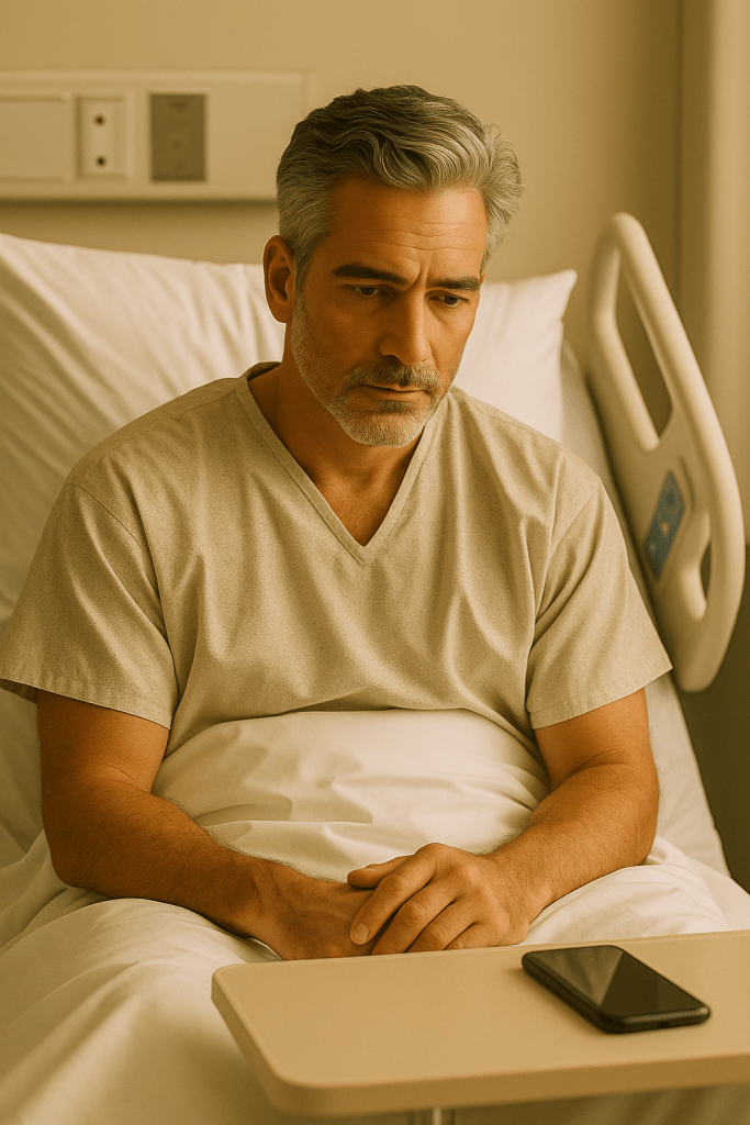 A middle-aged man with salt-and-pepper hair sits upright in a hospital bed, dressed in a beige hospital gown. He looks down sadly toward a smartphone resting on the bedside tray, as if waiting for a call that never comes. Soft, warm lighting fills the quiet hospital room, highlighting the loneliness and disappointment on his face.