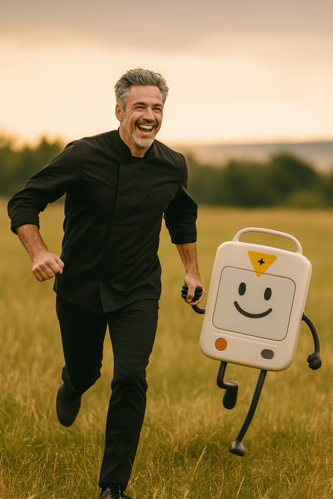 A smiling, salt-and-pepper–haired man in a black chef’s jacket runs joyfully through a grassy field at sunset while holding hands with a cartoon-like defibrillator AICD. The defibrillator has a friendly face, small arms and legs, and appears to be happily running beside him.