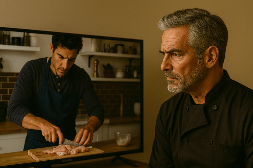 A seasoned, salt-and-pepper–haired chef in a black chef coat sits in front of a television, staring intensely and disapprovingly at the screen. On the TV, a younger chef in a navy apron slices raw chicken directly on a wooden cutting board, appearing to cross-contaminate. The older chef’s expression is a mix of frustration and disbelief as he watches the unsafe food handling.