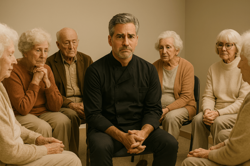 Here is clean, descriptive, accessibility-friendly alt text for the generated image:

Alt Text:
A middle-aged male chef with salt-and-pepper hair sits tensely in a support-group circle surrounded by seven participants in their late eighties. The elderly group members sit closely around him in a small beige room, looking thoughtful and subdued, while the chef appears clearly uncomfortable and out of place in his black chef’s jacket.