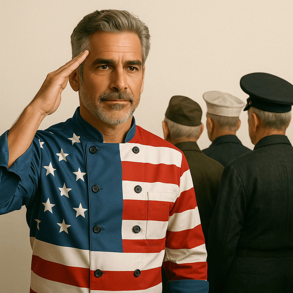 A middle-aged male chef with gray hair and a short beard salutes a group of veterans standing before him. He wears a chef’s jacket printed with the American flag, while the veterans, dressed in different military uniforms, stand with their backs to the camera against a simple, light background.