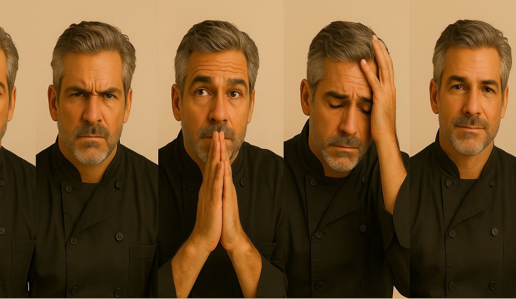 A series of five side-by-side portraits of the same middle-aged male chef with salt-and-pepper hair and beard, wearing a black double-breasted chef coat, each expressing a different stage of grief. From left to right: Denial – neutral expression with slight tension in the face; Anger – brows furrowed, stern and intense; Bargaining – hands pressed together under his chin as if praying or pleading; Depression – eyes closed with one hand to his forehead, looking pained; Acceptance – calm half-smile with relaxed eyes. Soft beige background behind all five images.