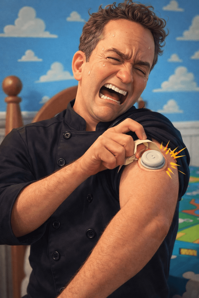 Toy Story–style 3D illustration of a chef with curly brown hair wearing a black chef’s jacket, grimacing in exaggerated pain as he pulls a continuous glucose monitor off his biceps, with cartoon sweat drops and a whimsical cloud-filled bedroom background.