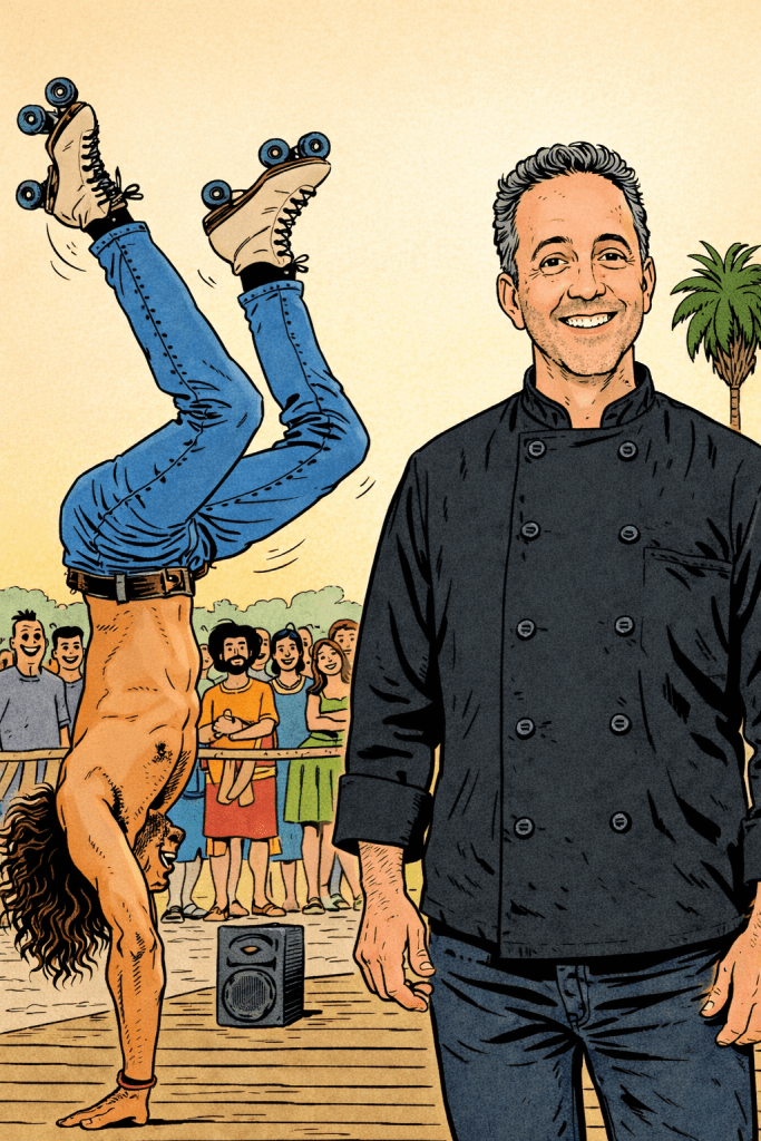 A colorful Asterix-style comic illustration shows a smiling middle-aged chef with short gray hair wearing a black double-breasted chef’s jacket, standing calmly in the foreground. Beside him, a shirtless street performer does a dramatic handstand while wearing jeans and roller skates. A cheerful crowd watches from behind a rope barrier, with palm trees and a warm, golden sky in the background.