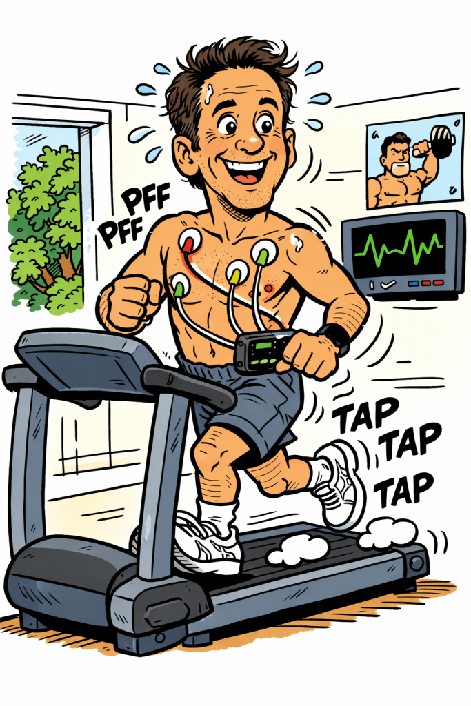 A cheerful Asterix-style cartoon of a man jogging on a treadmill, shirtless and smiling, with heart monitor electrodes and wires attached to his chest and a portable monitor at his waist; sweat droplets, motion lines, and comic sound effects emphasize movement, with a heart rhythm display visible nearby.