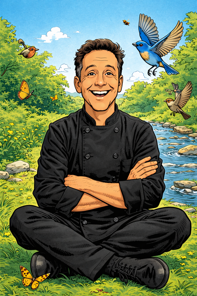 Asterix-style comic illustration of a smiling chef with dark hair wearing a black chef’s jacket, sitting cross-legged on grass beside a flowing stream. Colorful birds fly around him and butterflies rest nearby, with lush green trees and a bright blue sky in the background, creating a cheerful, whimsical outdoor scene.