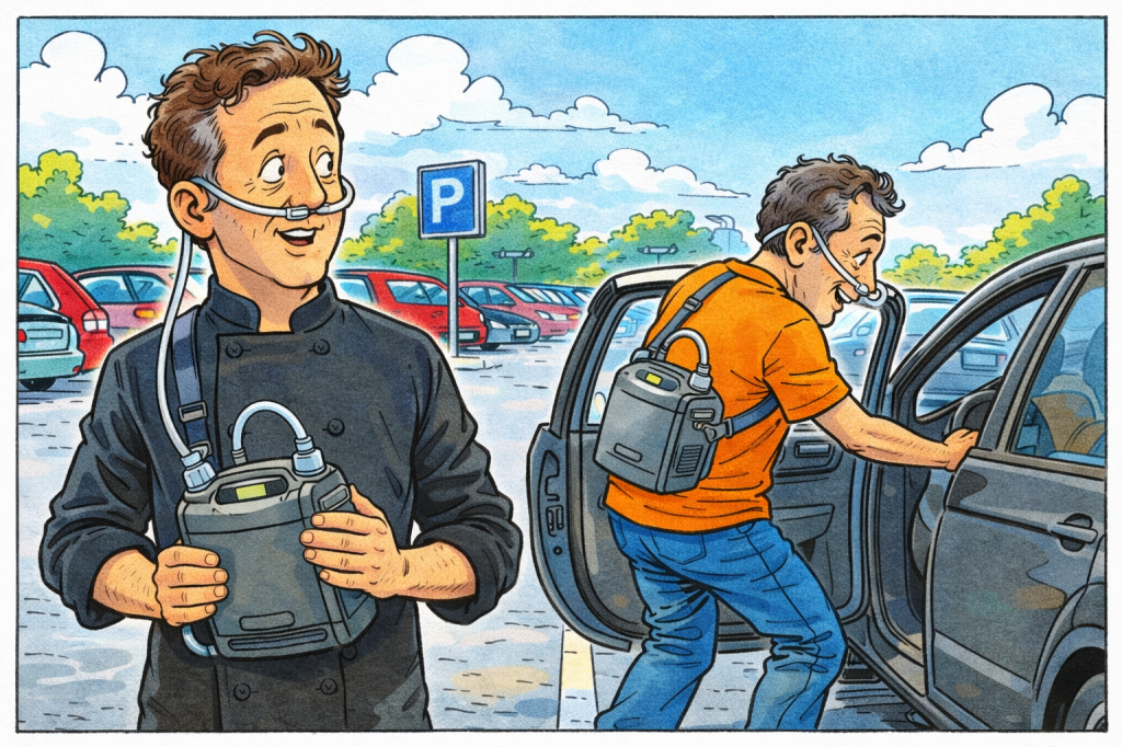 A colorful Asterix-style comic illustration shows two middle-aged men in a parking lot wearing portable oxygen concentrators. One man stands watching while holding his concentrator, and another man with a similar device is stepping into a car. The scene is lighthearted and expressive, with bold outlines, exaggerated facial features, parked cars in the background, and a bright daytime sky.