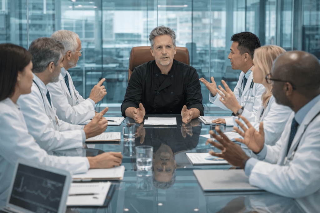 Alt text:
A middle-aged man with salt-and-pepper hair wearing a black chef’s jacket sits at the head of a sleek glass conference table in an ultra-modern glass-walled conference room. He appears focused and serious as eight doctors in white lab coats sit around the table, gesturing and debating while looking toward him. Saddle-brown high-backed conference chairs surround the table, and papers, laptops, and glasses of water rest on the reflective glass surface, emphasizing a tense medical discussion about his health.