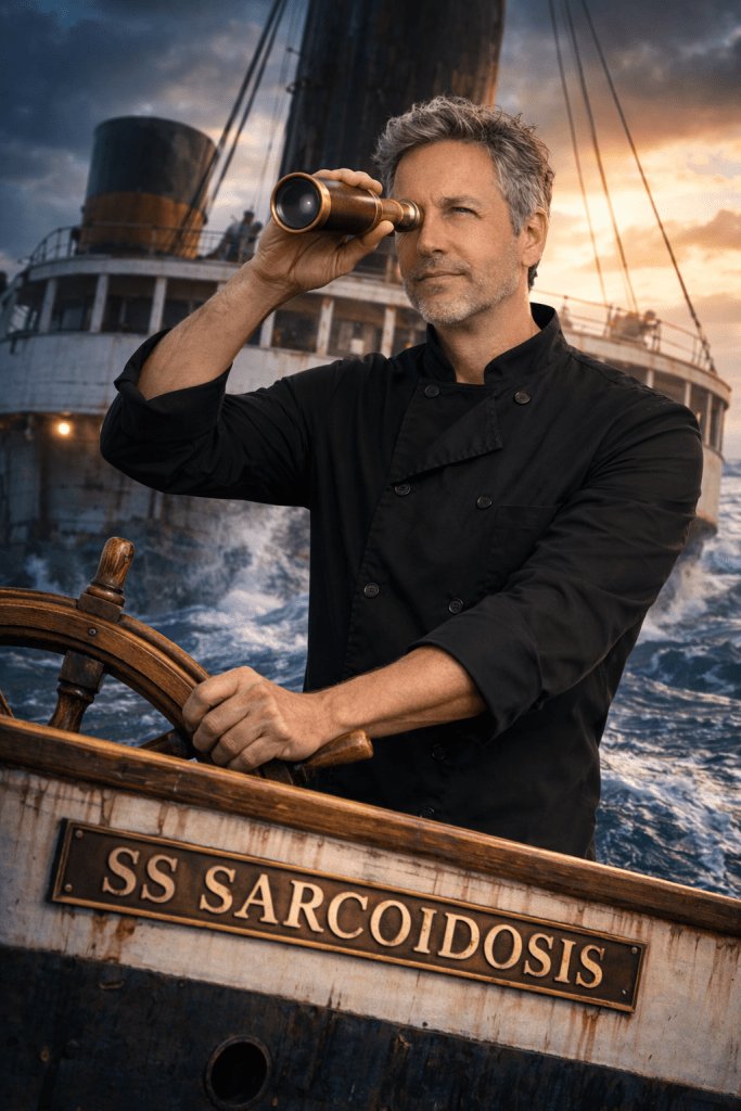 Alt text:
“A middle-aged man in a black chef’s jacket stands at the helm of a sinking ship, looking confidently through a brass spyglass as waves crash around him. The ship’s name, SS Sarcoidosis, is visible on the bow beneath a dramatic sunset sky.”