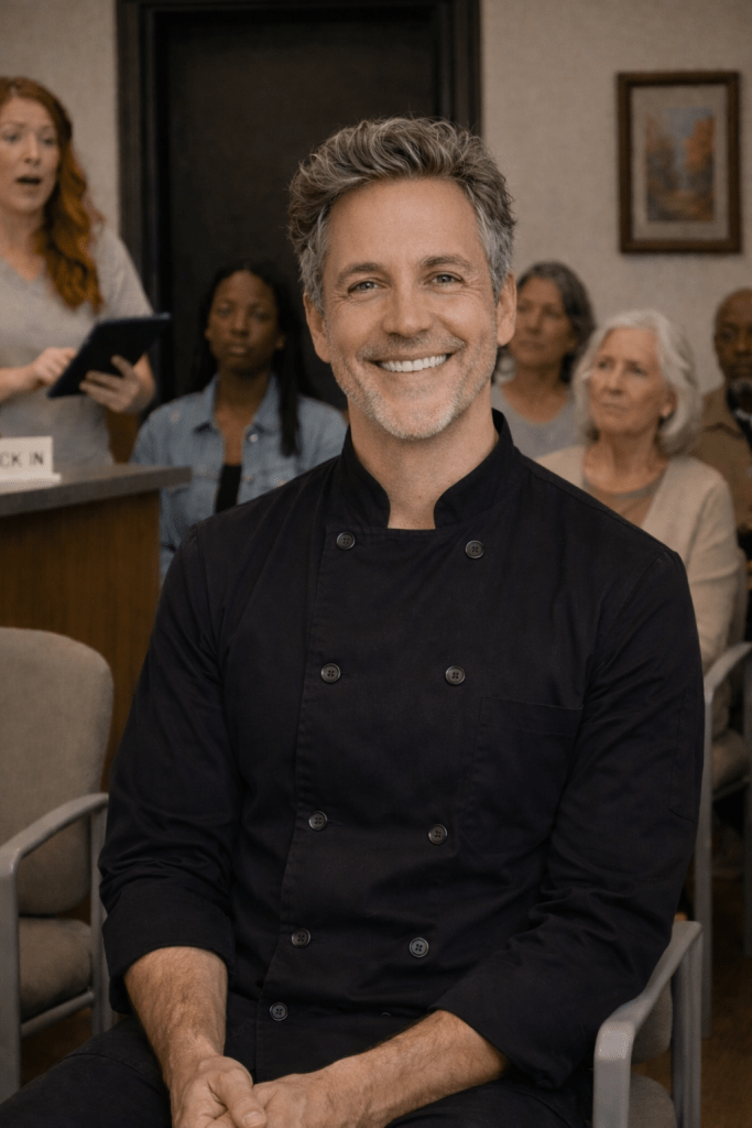 A smiling middle-aged chef with salt-and-pepper hair sits in a waiting room wearing a black chef’s jacket. He faces the camera with his hands folded, while several people of different ages sit behind him, including a woman at a check-in desk holding a tablet. The room has neutral walls, upholstered chairs, and a framed landscape painting on the wall.